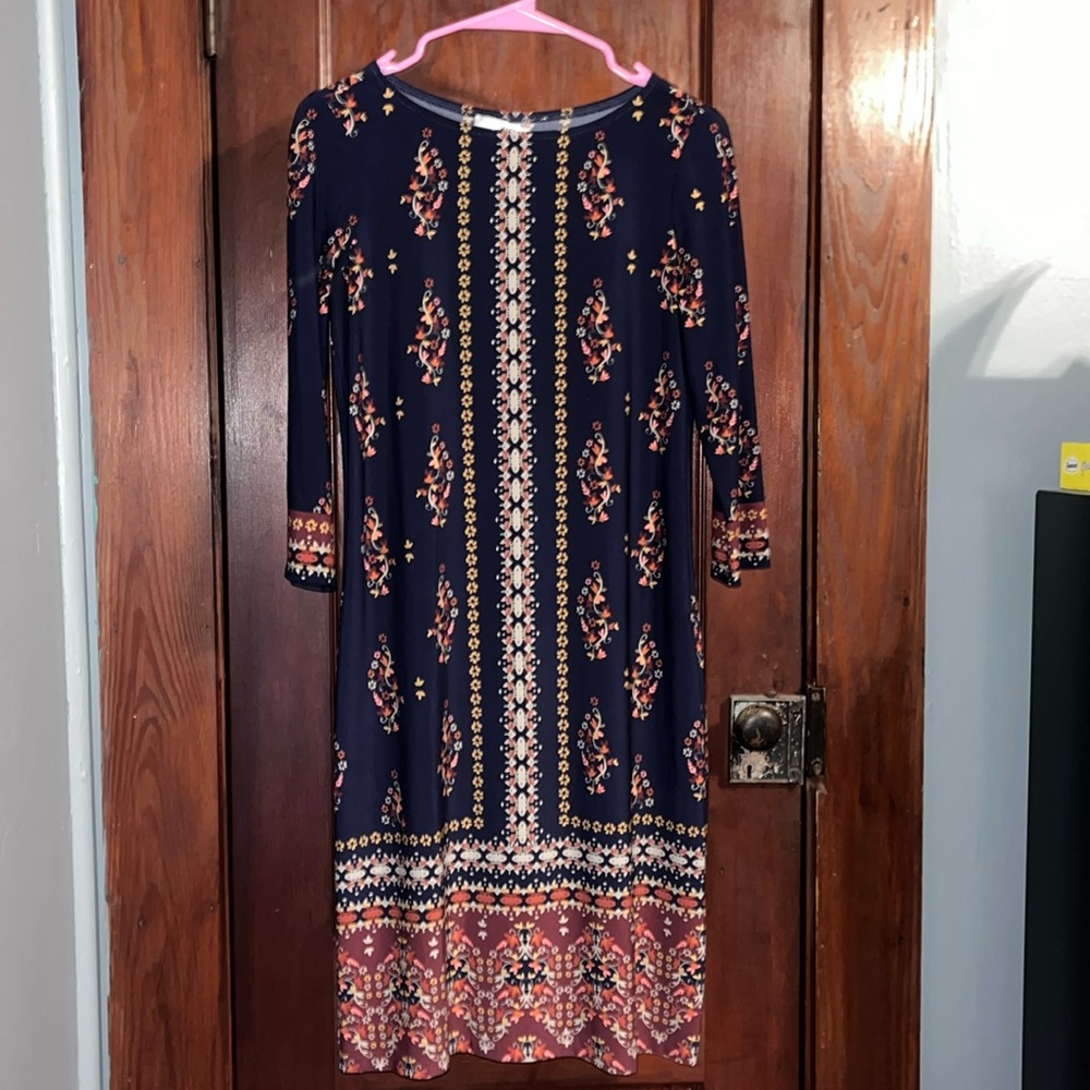 Navy Blue Floral Print Midi Dress w/ Three Quarter Sleeves size 4